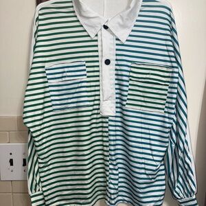 SHEIN Green and Blue Striped Women's Hoodie